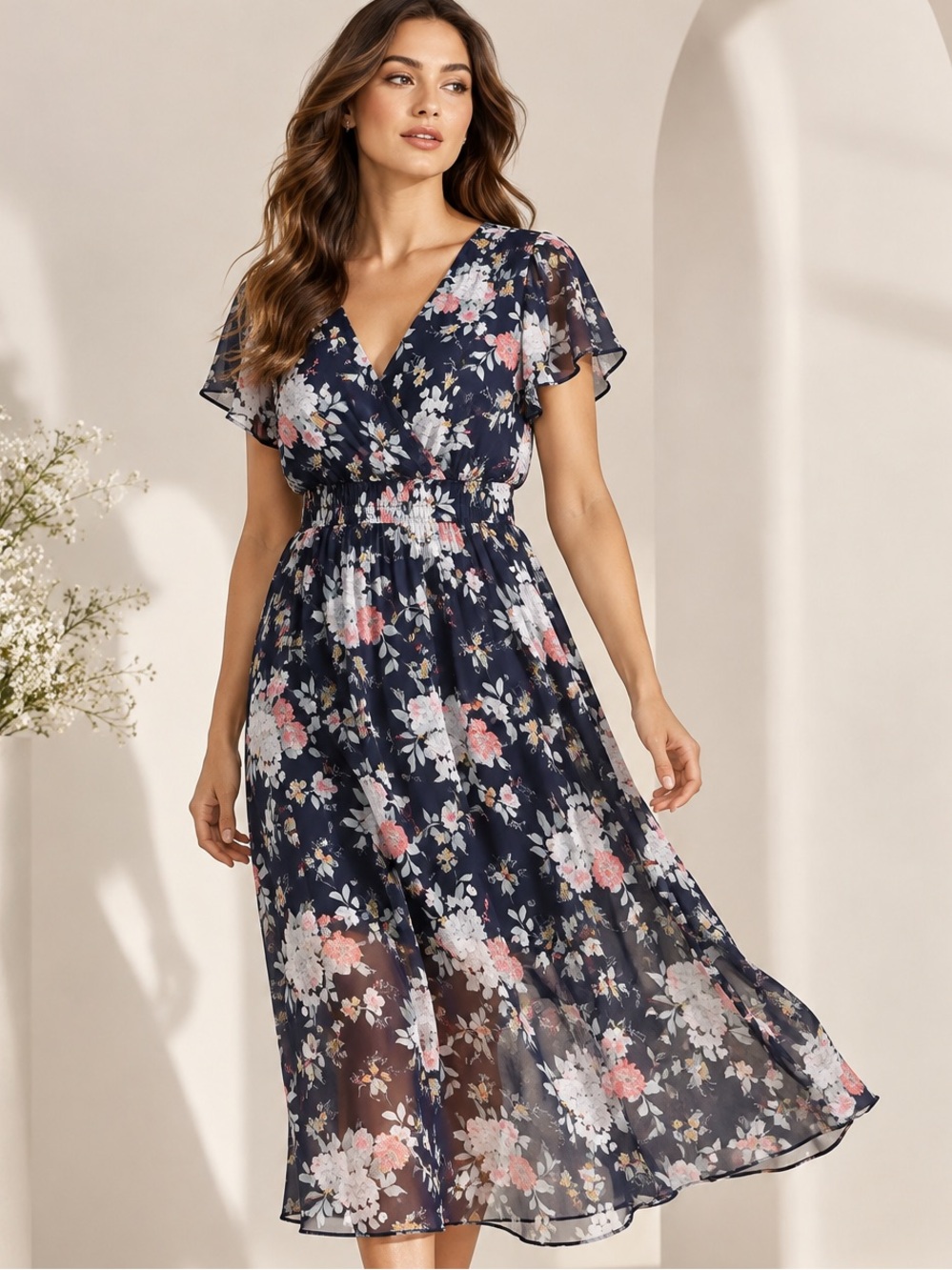 Le Château Navy Floral Chiffon Midi Dress Size S/P Sheer Hem Wrap V Neck